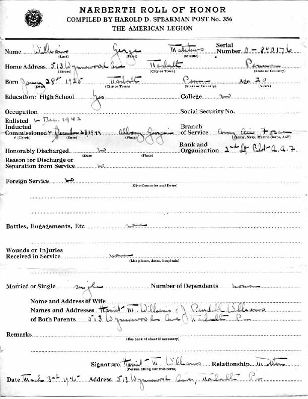 Roll of honor form for George Williams
