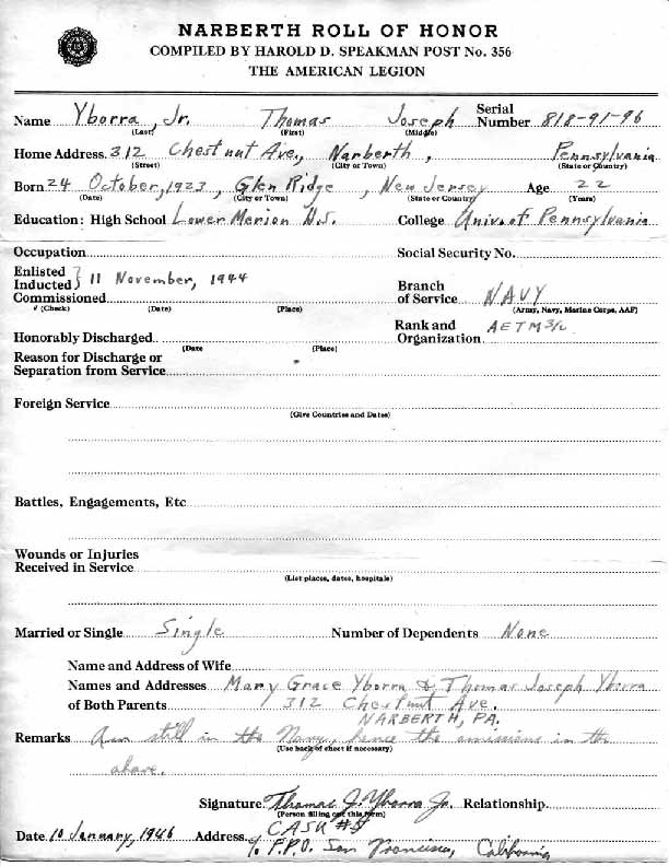 Roll of honor form for Thomas Yborra